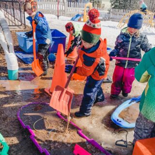 Spring has sprung on our playground. Melting snow and mud provide a new opportunity for imaginative play and a whole bunch of wet kids!